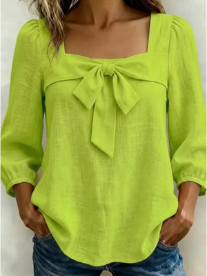 Sky Blue Full Size Bow Front Square Neck Blouse Plus Size