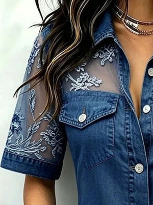 Gray blouse with hip-length and button-front