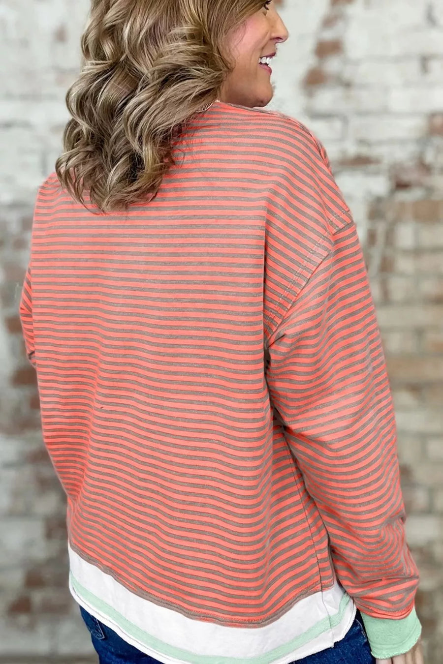 Burnt Coral with Stripe Colorblock Raw Seam Long Sleeve Tunic in Burnt Coral