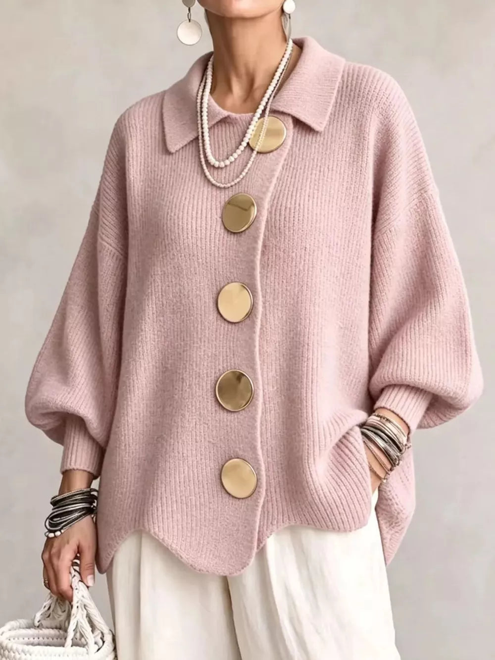 Red cardigan with hip-length and button-front