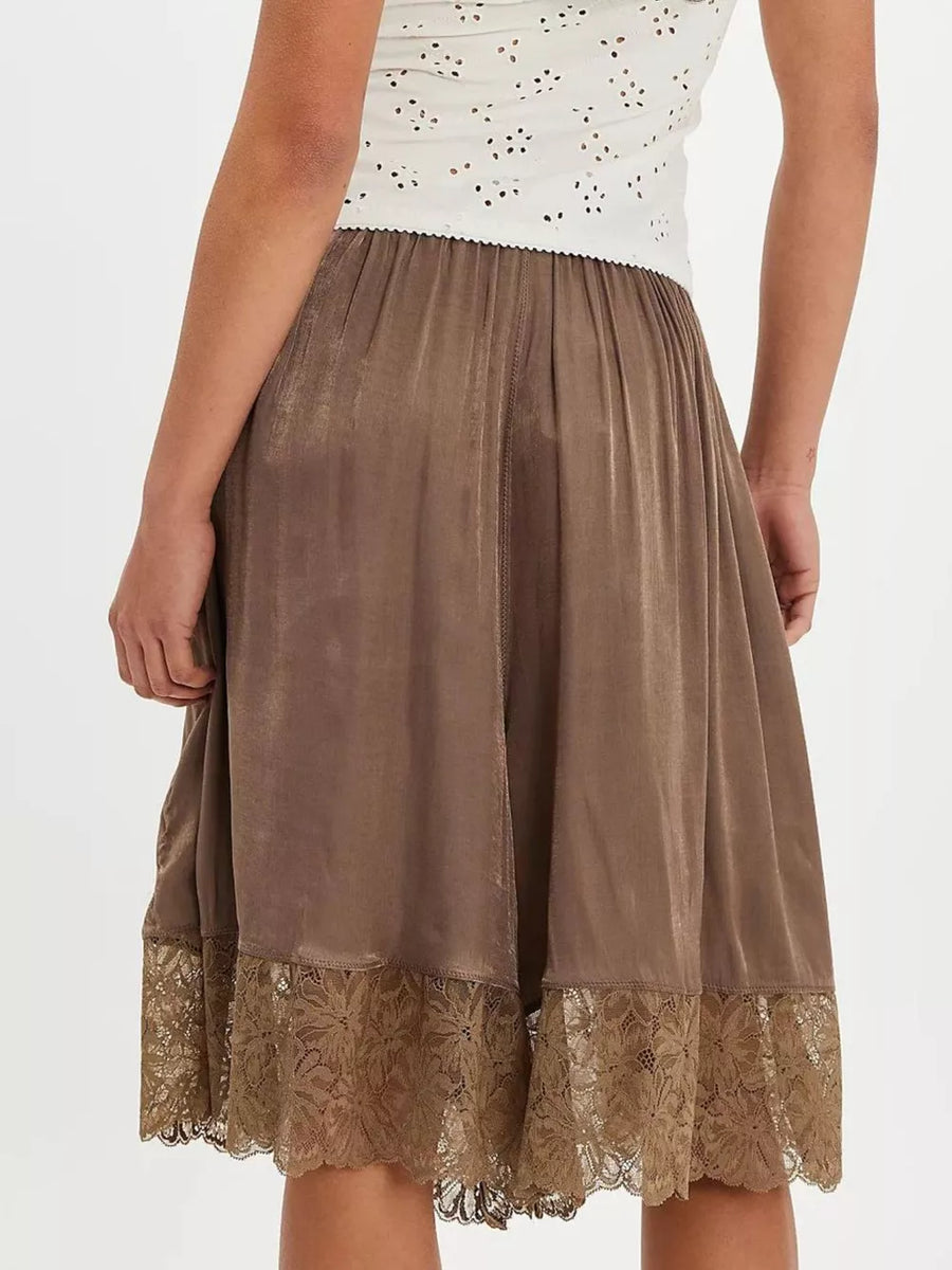 Lace Trimmed Relaxed Fit Shorts in Brown
