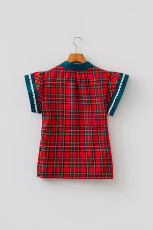 Deep Red with Plaid V Neck Short Sleeve Shift Blouse in Deep Red