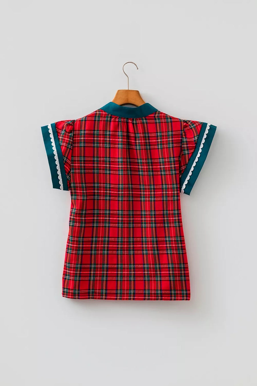 Deep Red with Plaid V Neck Short Sleeve Shift Blouse in Deep Red