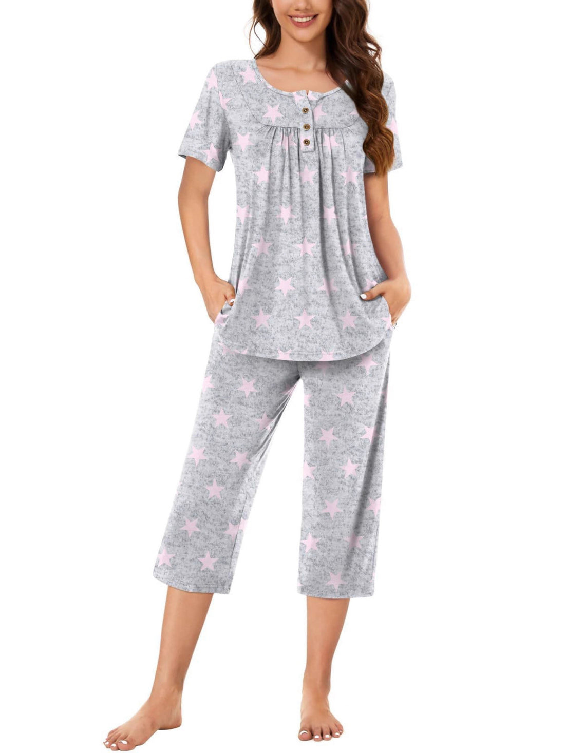 light grey pajama set with star-print and henley