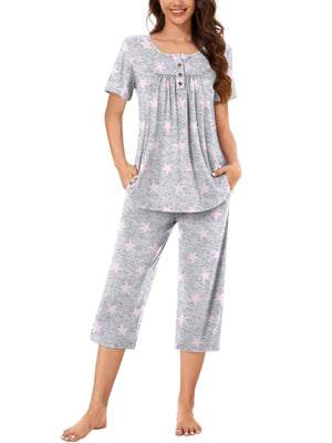 light grey pajama set with star-print and henley