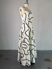 White abstract patterned midi dress with square neckline and sleeveless design.