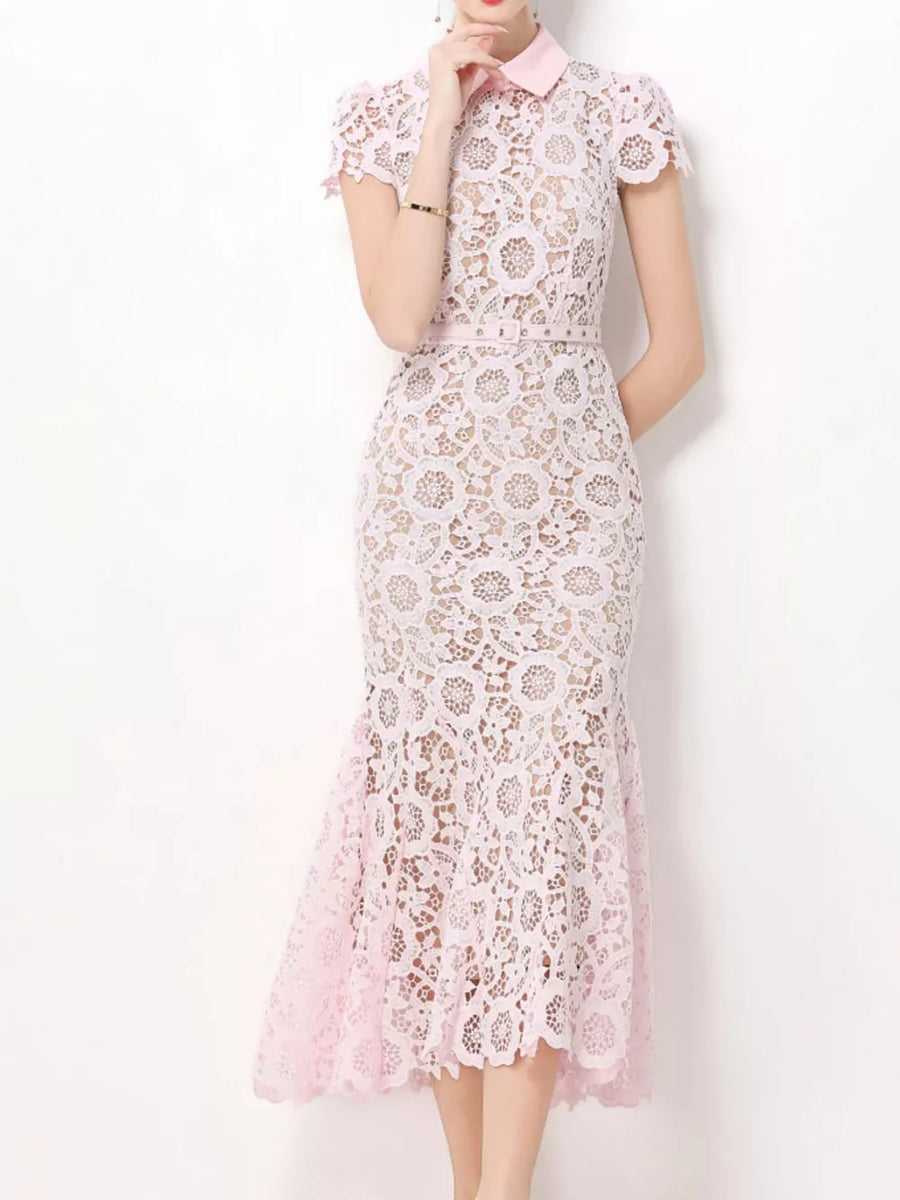 Pink floral lace midi dress with cap sleeves, collar, and studded belt.