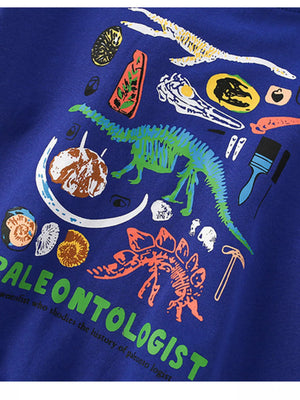 Navy kids' sweatshirt with dinosaur skeleton and fossil graphics.
