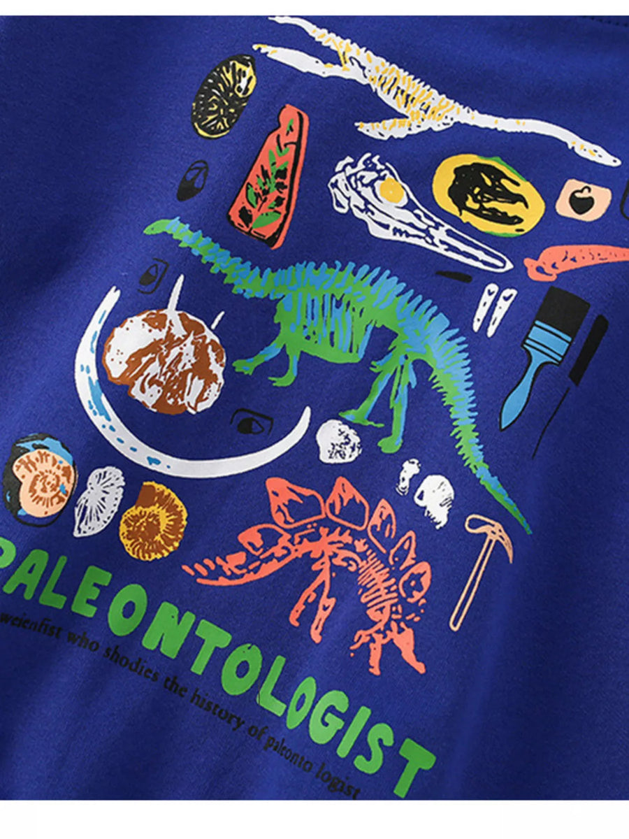 Navy kids' sweatshirt with dinosaur skeleton and fossil graphics.