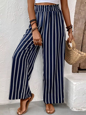 Striped Wide-leg Pants With Elastic Waistband in Dark Blue