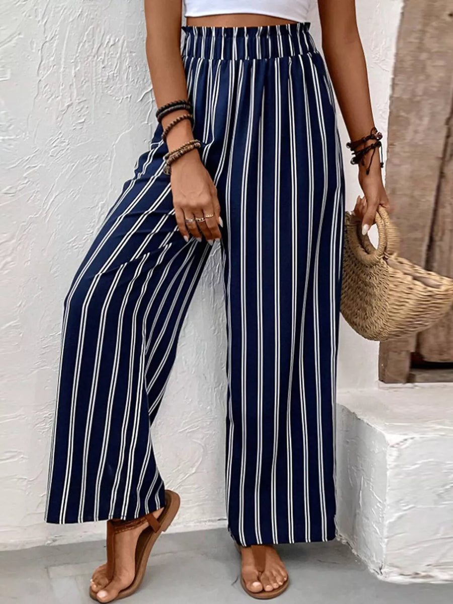 Striped Wide-leg Pants With Elastic Waistband in Dark Blue