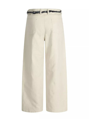 Cream white belted wide-leg maternity pants with relaxed fit and back pockets.