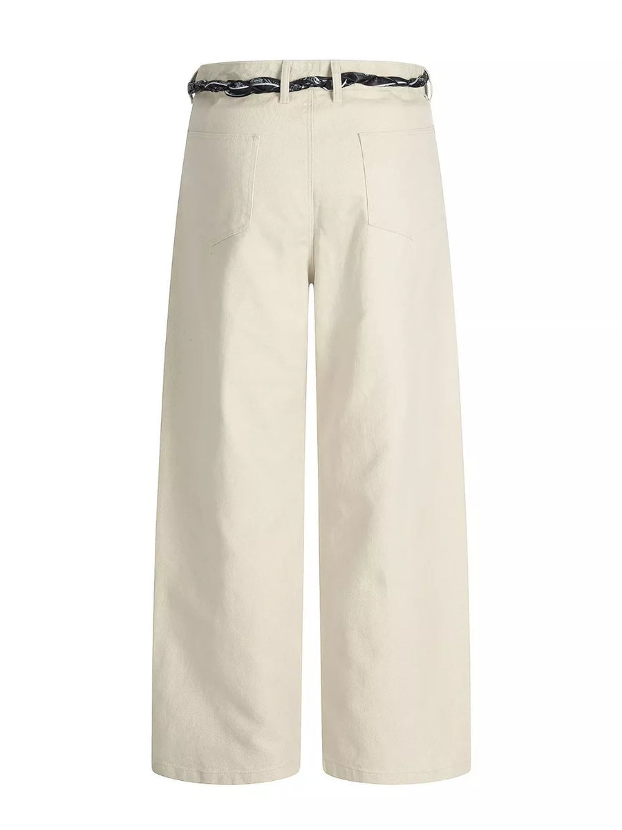 Cream white belted wide-leg maternity pants with relaxed fit and back pockets.
