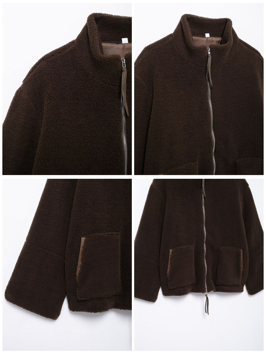 sherpa jacket in Black-Ribbed with mock neck and long sleeve