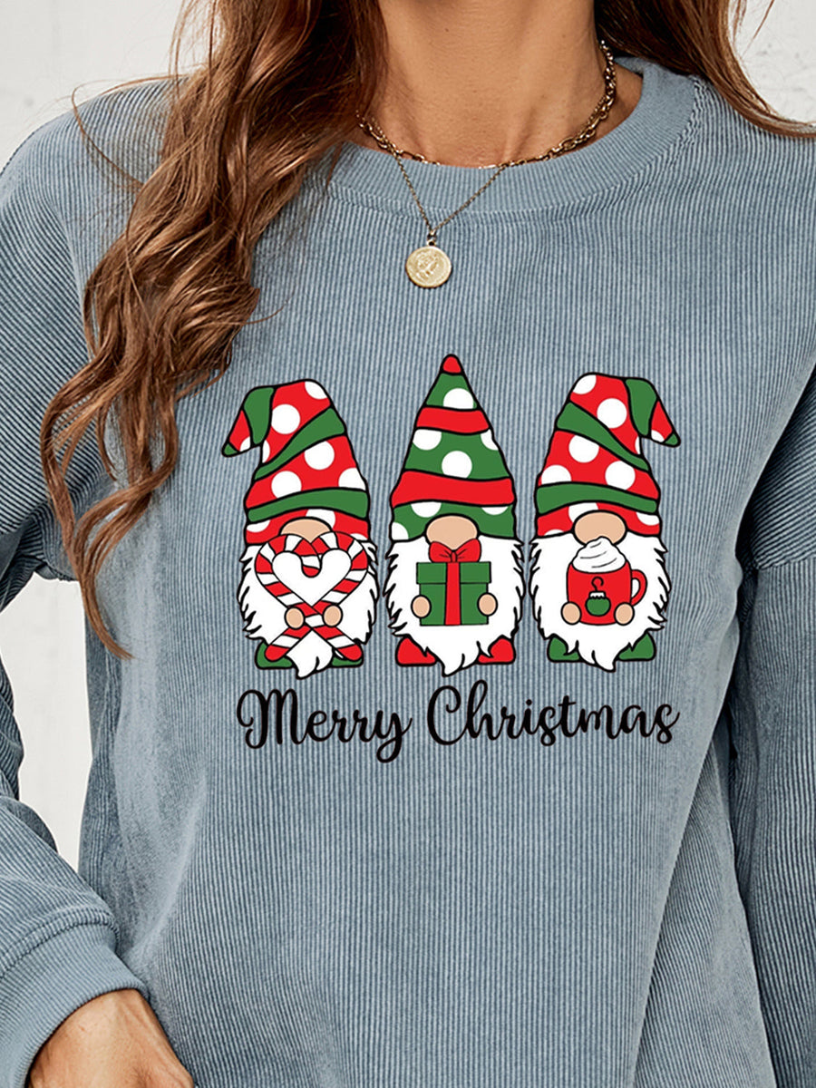 Light blue corduroy sweatshirt with a Merry Christmas gnome graphic and candy canes.