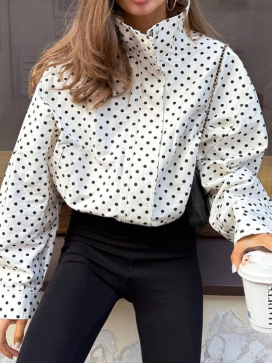 white zip-up jacket with polka dot and collared