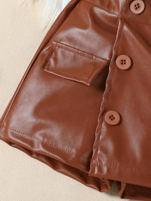 Brown faux leather baby girls' skort with decorative button and pocket detail.