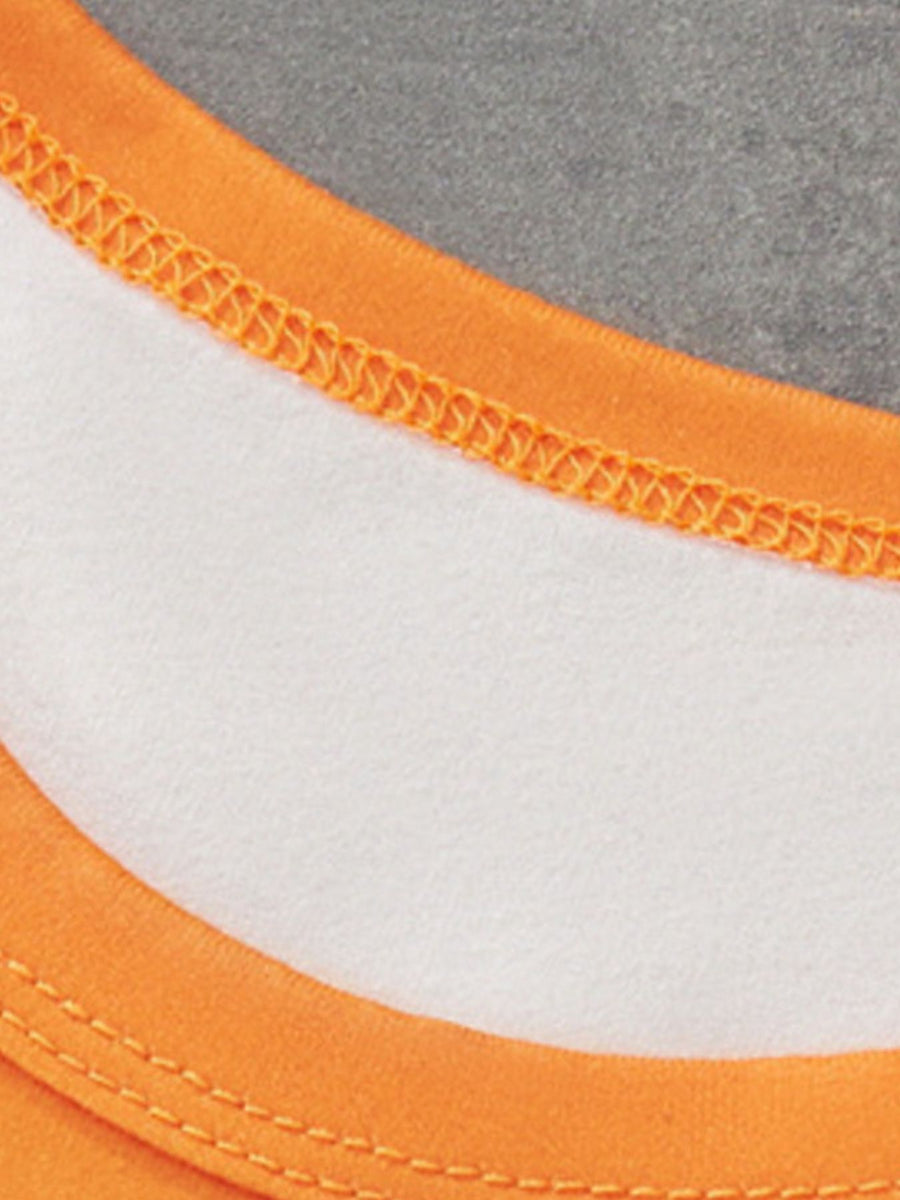 Toddler orange trim white graphic tee detail with orange stitching