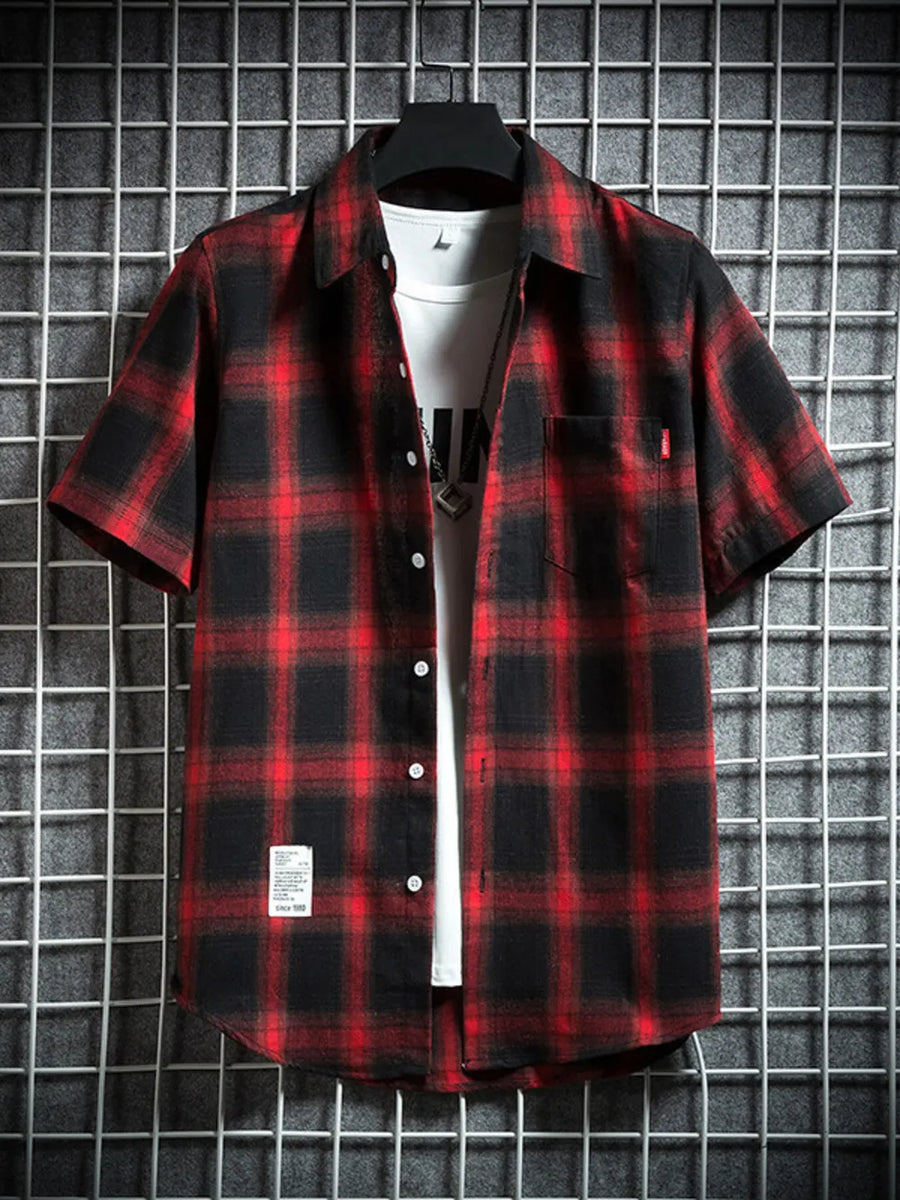 Red and black plaid short-sleeve cotton shirt with chest pocket