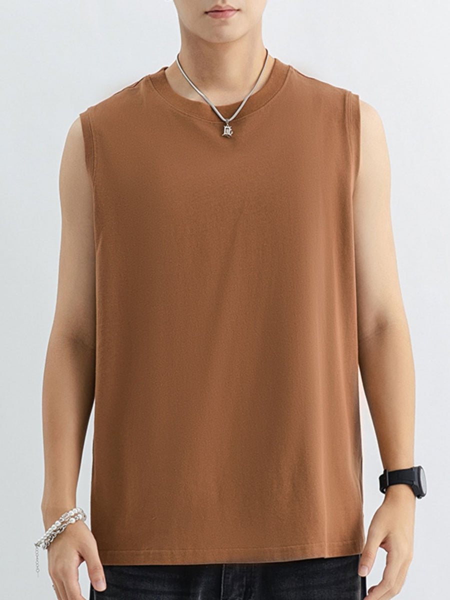 Men's cotton tank top in mocha, with a crew neck and sleeveless design.