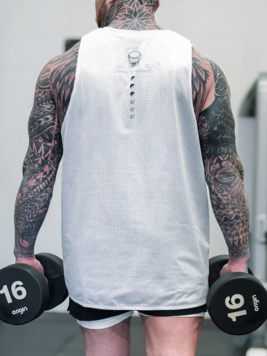 White perforated tank top with skull graphic detail on back, worn by a man lifting weights.