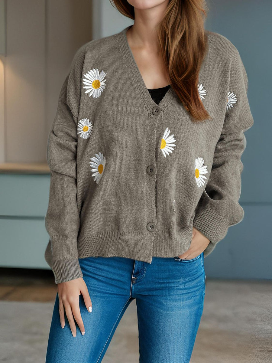 Gray oversized knit cardigan with daisy embroidery, V-neck, button front, acrylic