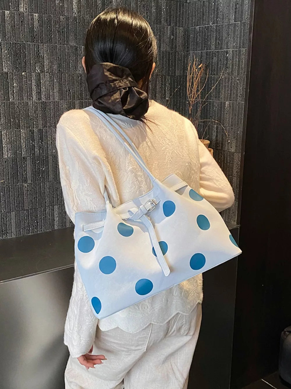 Pastel Blue Polka Dot Medium Shoulder Bag