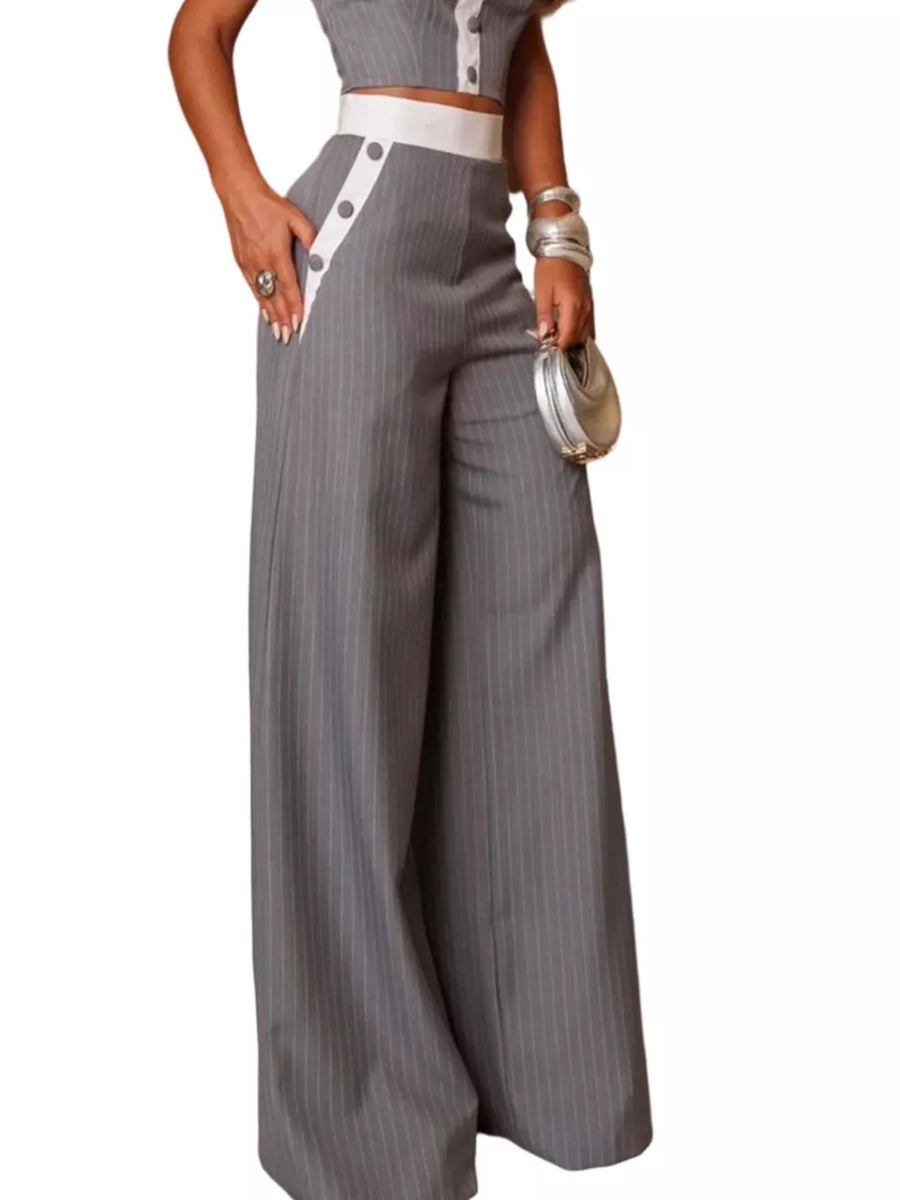 Gray pinstripe crop top and wide-leg pants set with button details