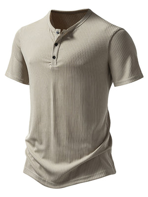 Men's ribbed khaki cotton henley t-shirt with short sleeves and button placket.