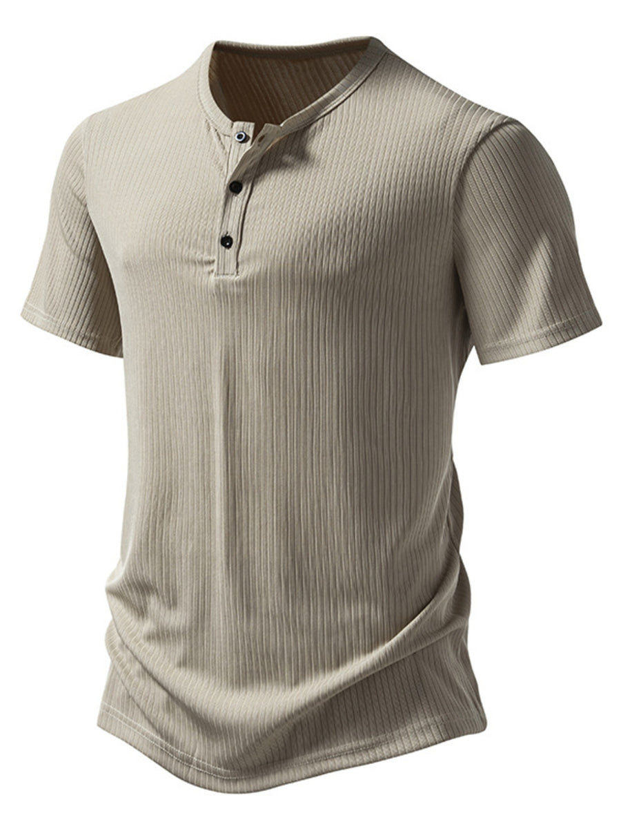 Men's ribbed khaki cotton henley t-shirt with short sleeves and button placket.