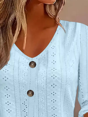 blouse featuring eyelet in white with 100% polyester Care instructions: Machine wash cold texture
