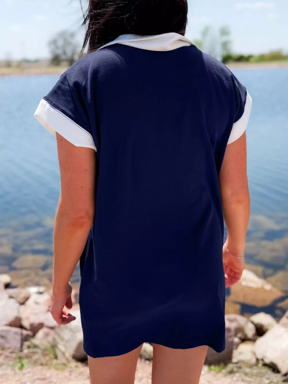 Americana colorblock mini dress in dark navy with white collar and cuffs, short sleeves.