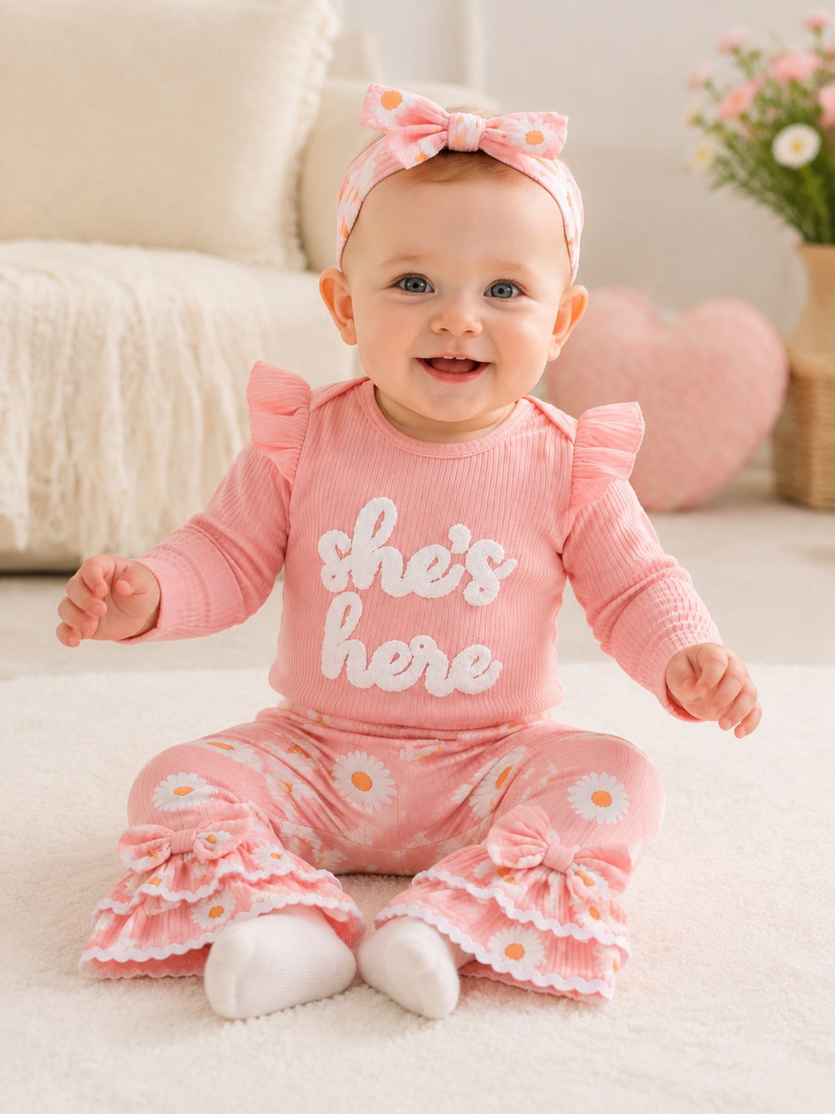 light pink bodysuit with floral and round neck