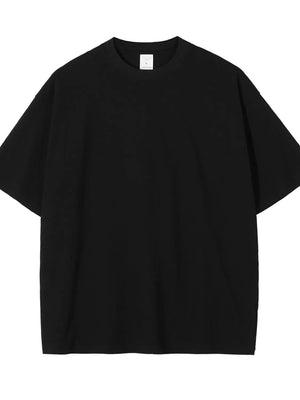 Black oversized crewneck t-shirt with relaxed fit and short sleeves.