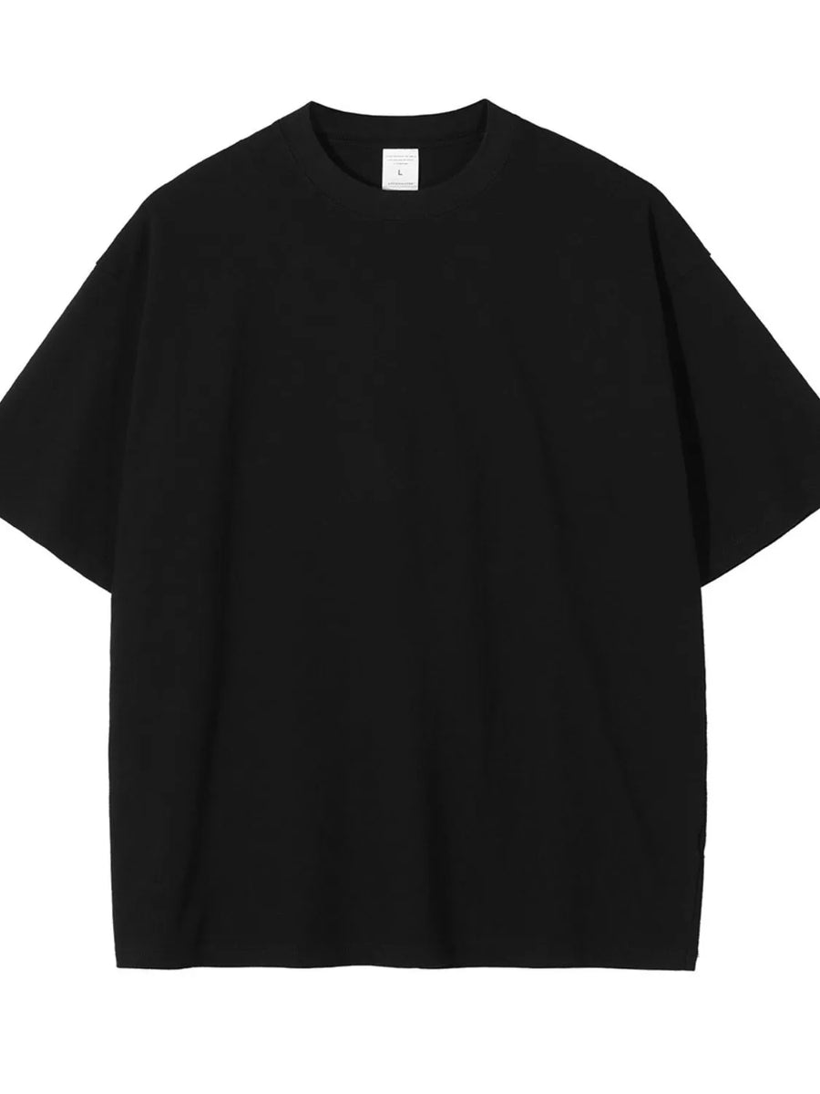 Black oversized crewneck t-shirt with relaxed fit and short sleeves.