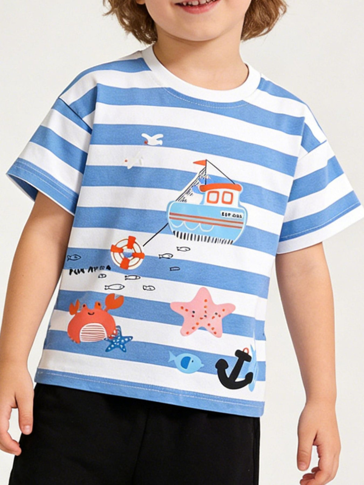 Blue and white striped cotton t-shirt with nautical print, crew neck, short sleeves.