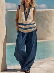 Striped Sleeveless Top And Wide-leg Pants Set in Yellow