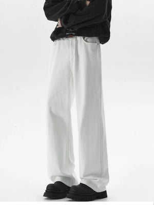 White wide-leg jeans with a comfort fit, cotton blend material, and a relaxed silhouette.