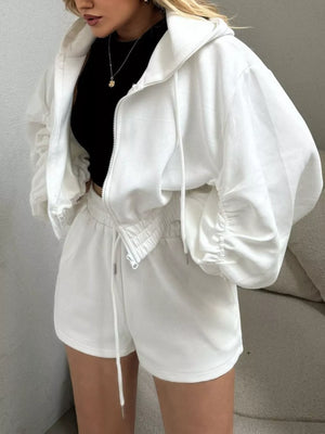 White Zip Up Drawstring Outerwear And Shorts Set