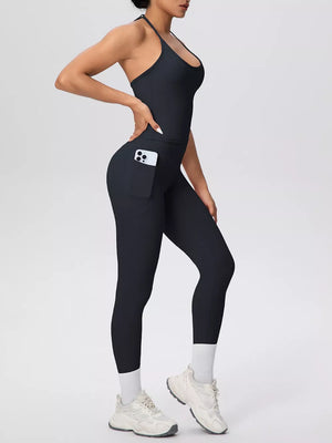 Halter Neck Cami And High-waisted Leggings Set in Peacock Blue with pocketed
