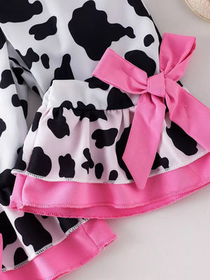 Brown And White, Children's Cow Print Ruffle Jumpsuit in Brown And White