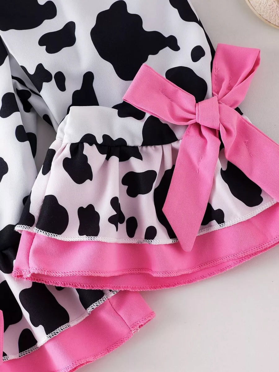 Brown And White, Children's Cow Print Ruffle Jumpsuit in Brown And White