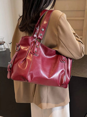 Large vintage wine red PU leather shoulder bag with silver hardware and ruched detailing.