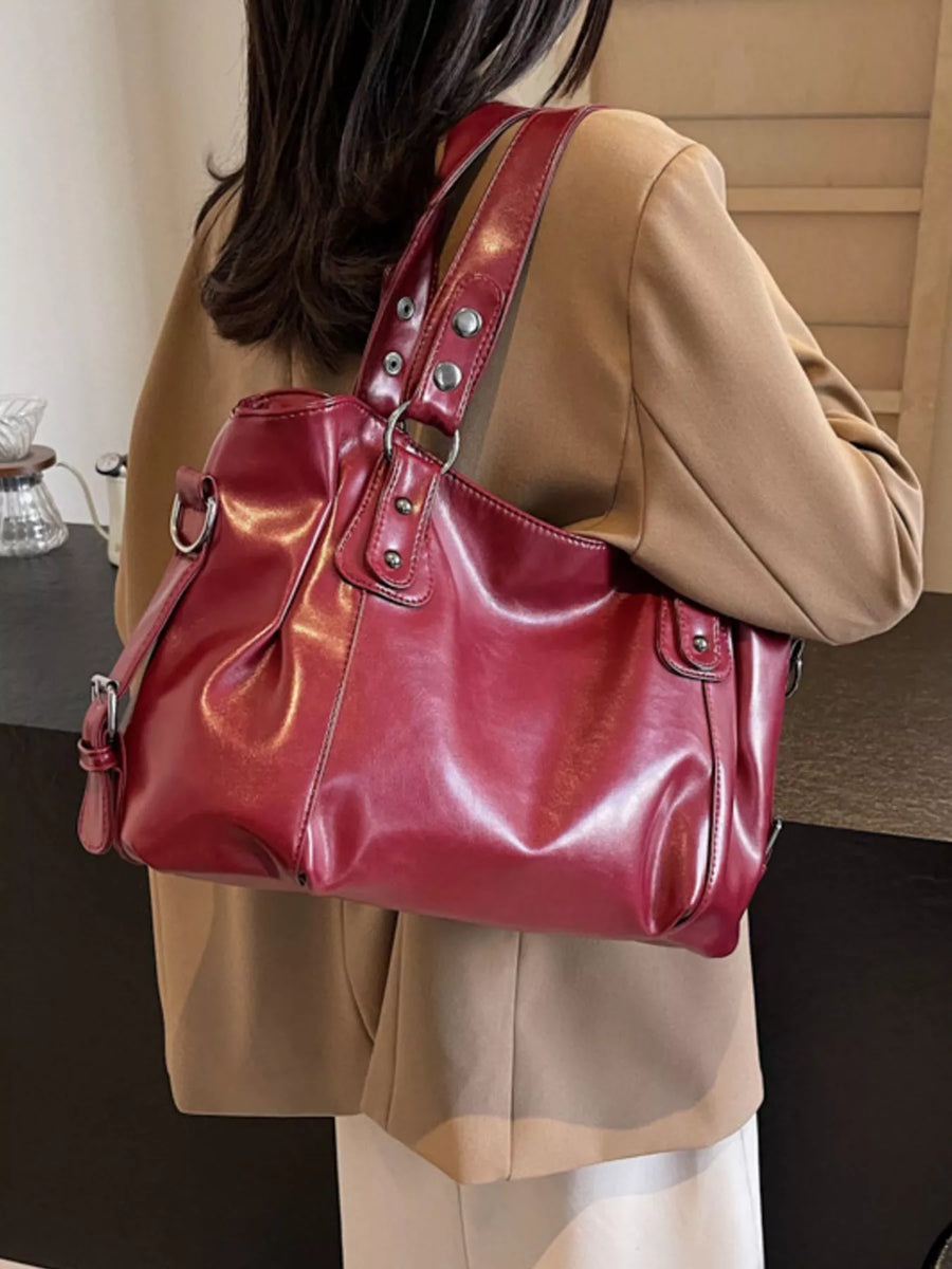 Large vintage wine red PU leather shoulder bag with silver hardware and ruched detailing.