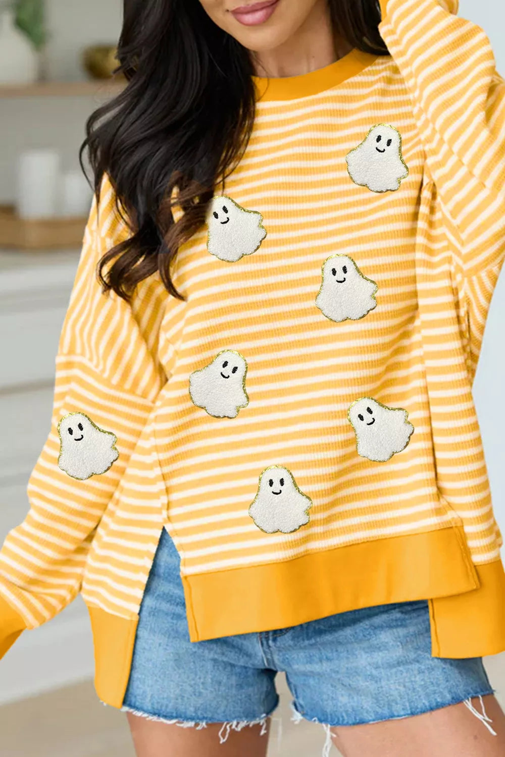 mustard pullover sweater with striped and round neck