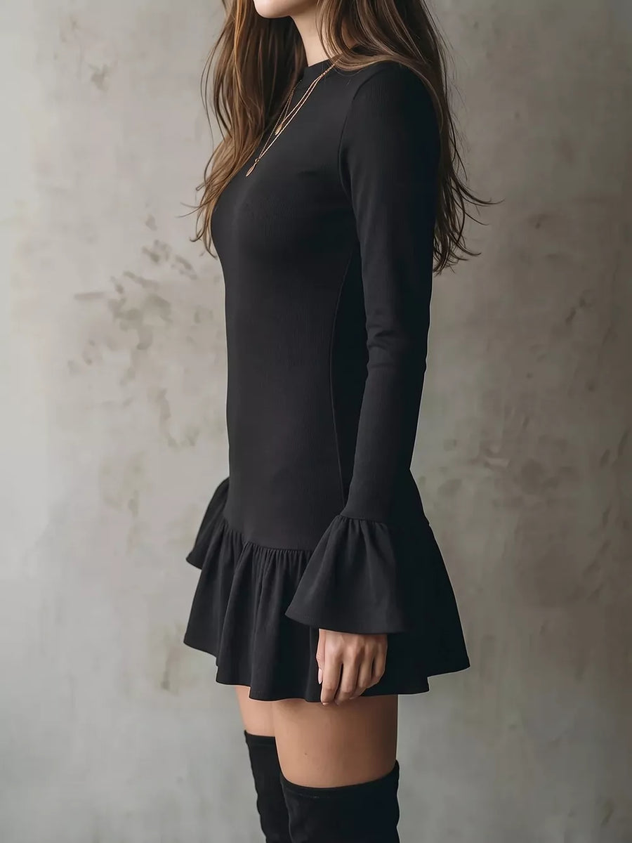 black mini dress with bell sleeves and long sleeve