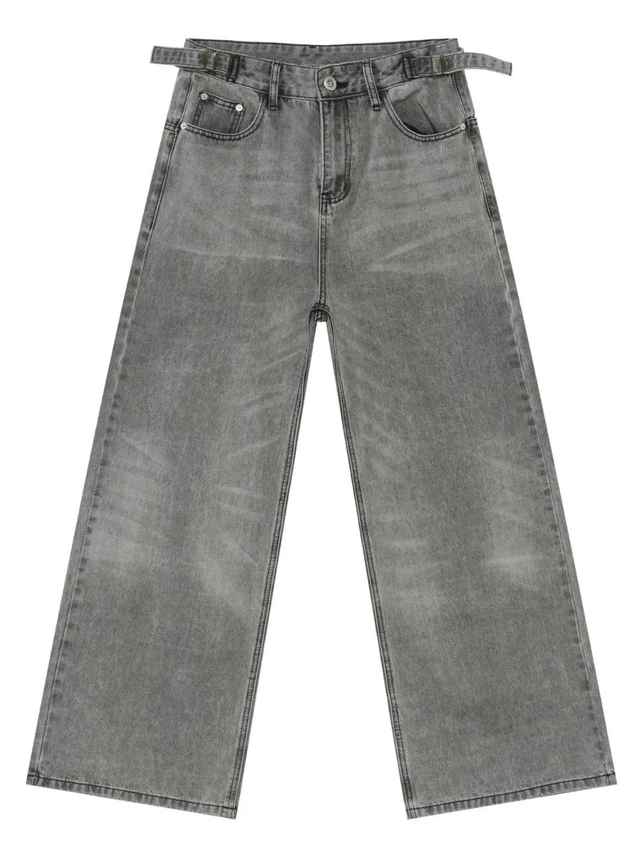 Wide-leg dark gray washed denim jeans with a belt and a relaxed fit.