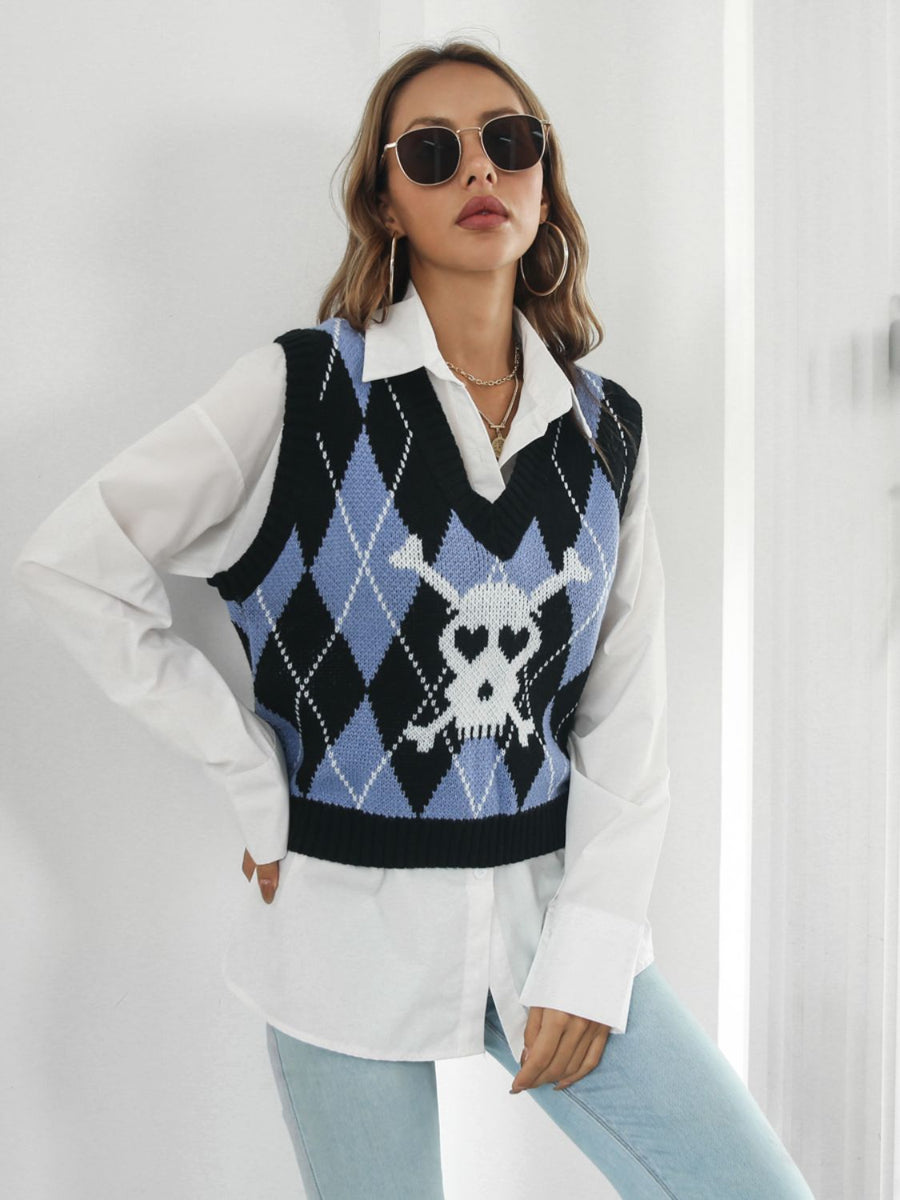 Argyle skull intarsia knit vest in black with blue and white diamonds, featuring a V-neck.