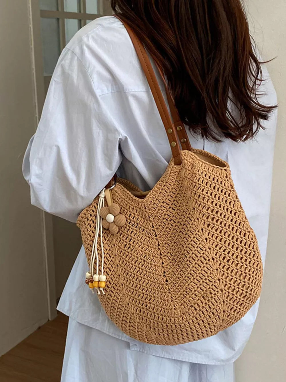 shoulder bag in Brown with chevron and crochet knit construction