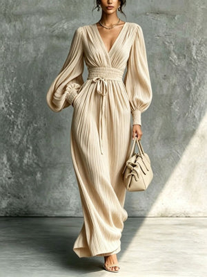 cream maxi dress with striped and v-neck